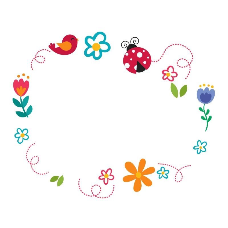 Round frame with flowers, ladybug and bird