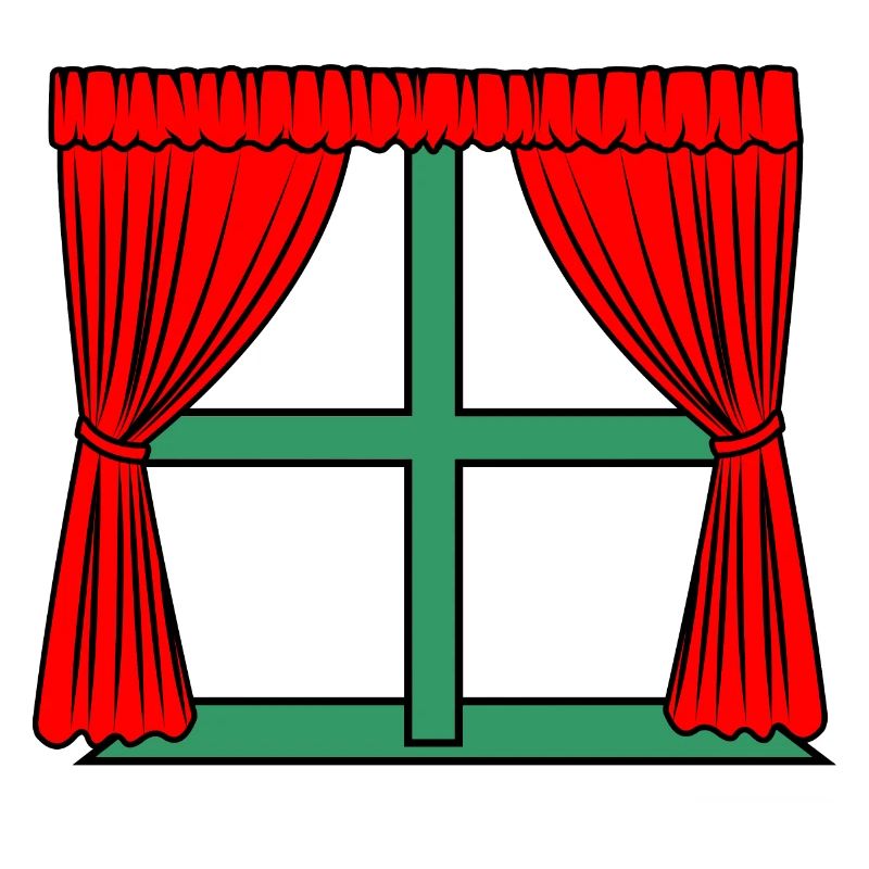 Red curtains green window frame