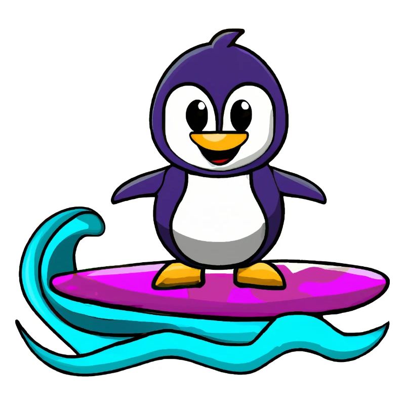 Cute kawaii penguin on surfboard