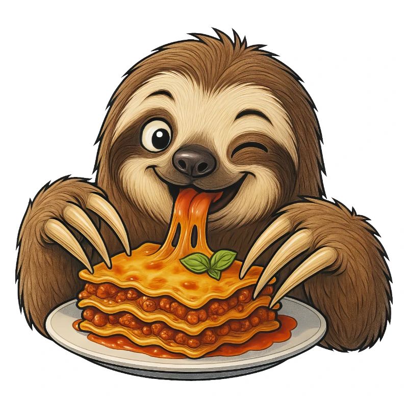 Cute Sloth with Lasagna Cartoon Comic Joy