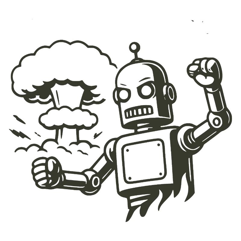 Retro robot in front of explosion cloud