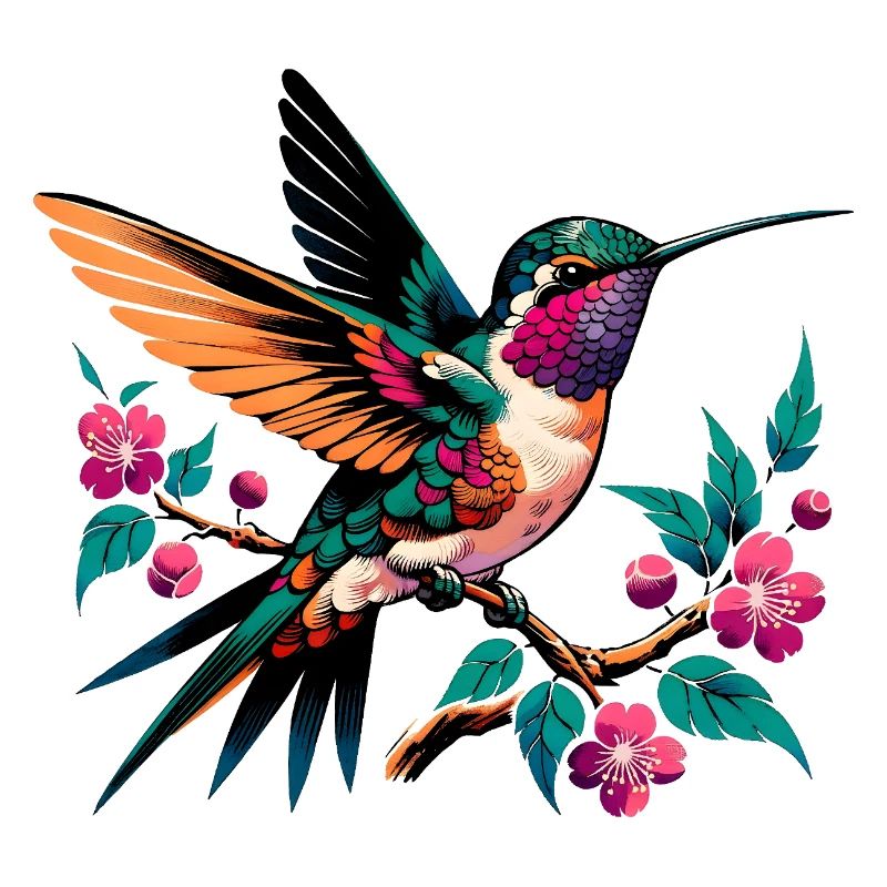 Lebendiger Kolibri auf blühendem Ast