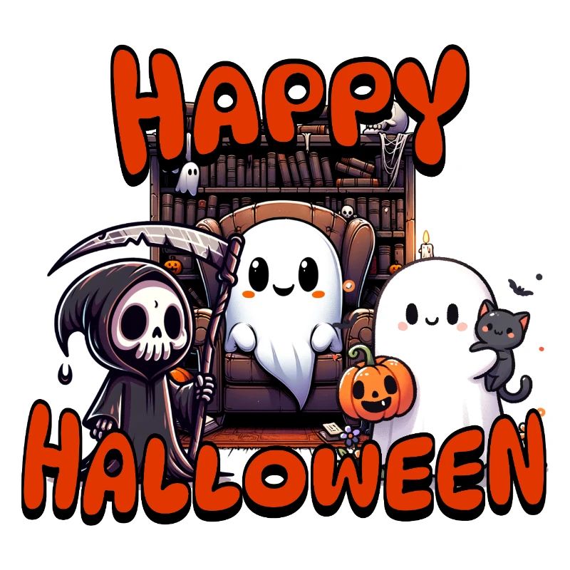 Cute Ghosts Halloween Scene with Pumpkin