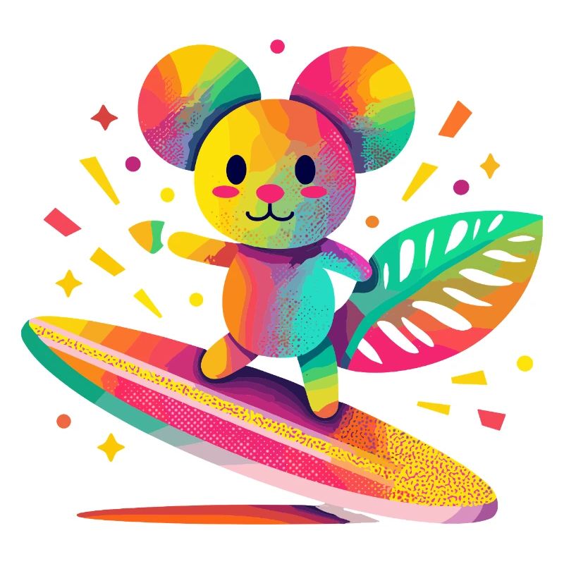 Bunter Bär surft auf Surfbrett
