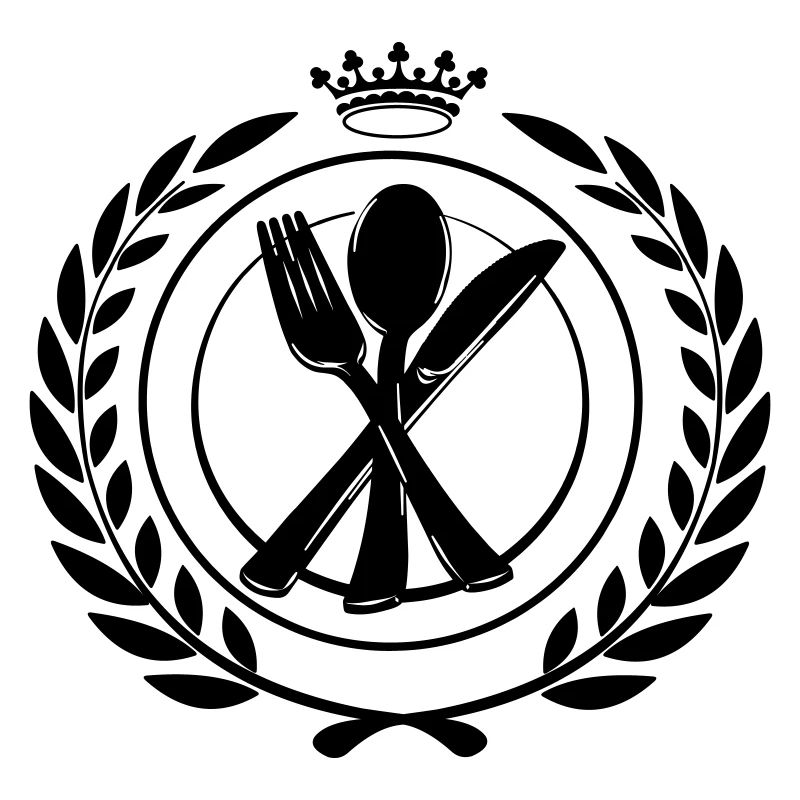 Knife fork and spoon crossed in laurel wreath