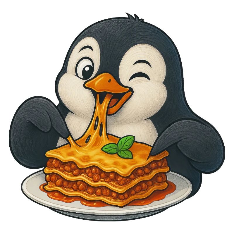 Cute Penguin with Lasagna Cartoon Comic Joy