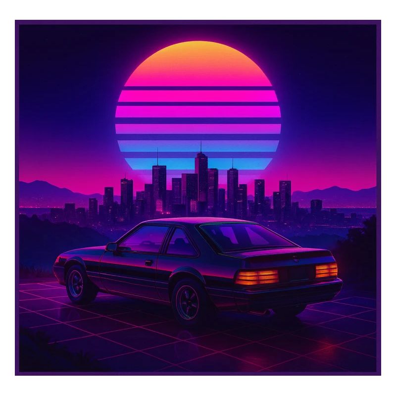 Neon Outrun Sunset Car – Synthwave rétro