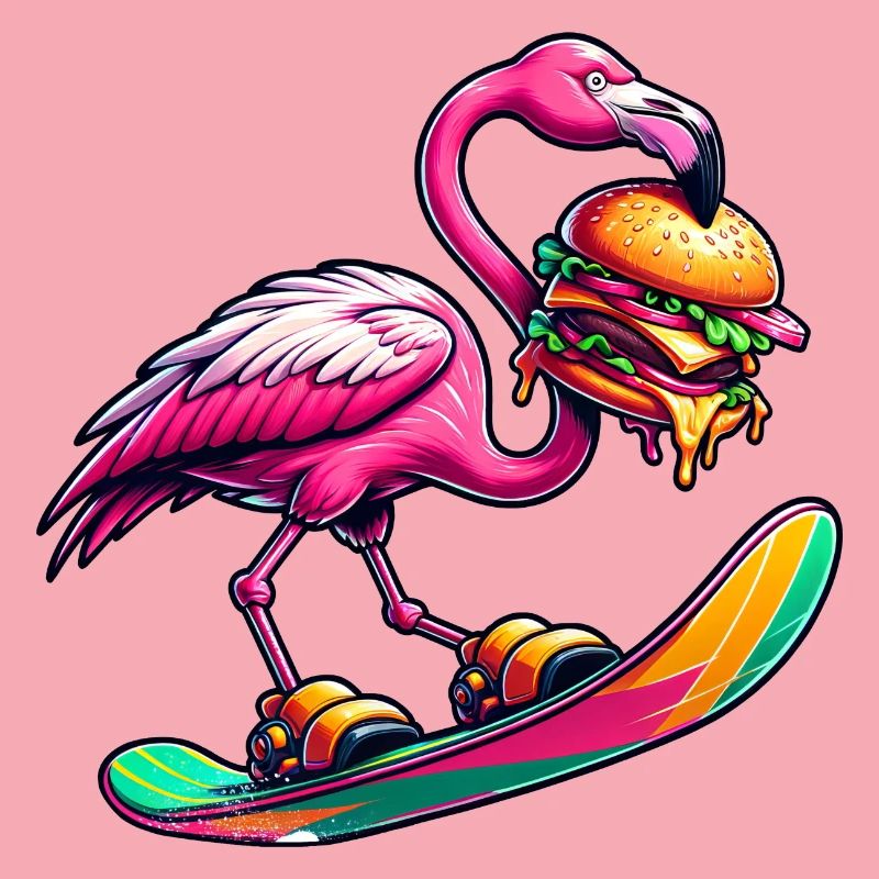 Flamingo Snowboarder with Burger