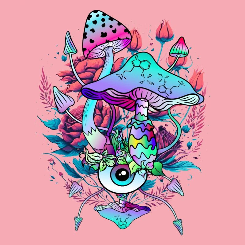 Art des champignons psychédéliques avec un œil et des fleurs