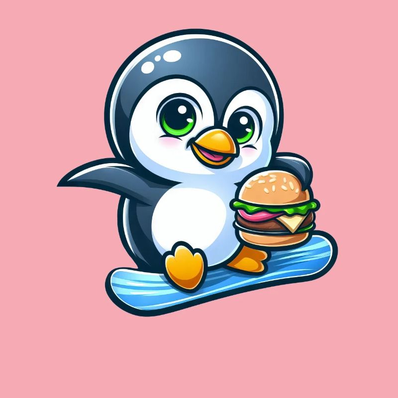 Cool pingouin snowboarder avec burger
