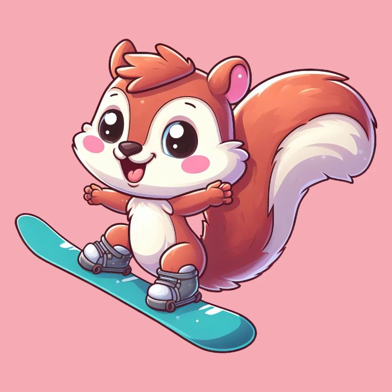 Cute Squirrel, Comic Snowboarder, Winter Urlau