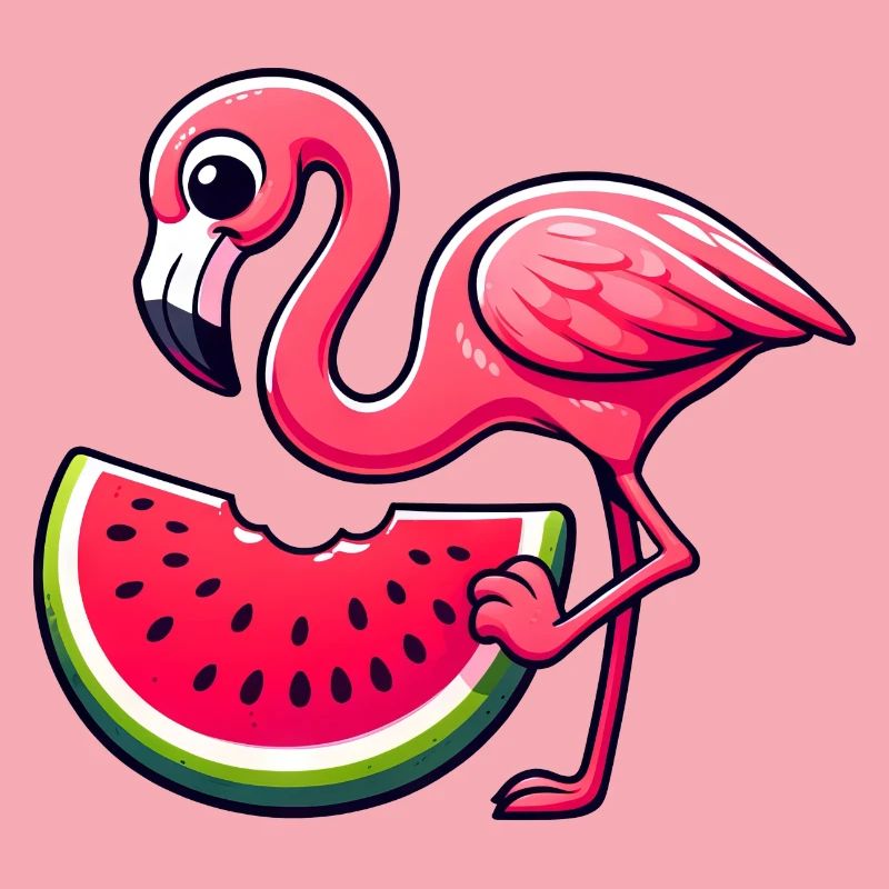 Flamant rose mignon avec un style de dessin animé de pastèque