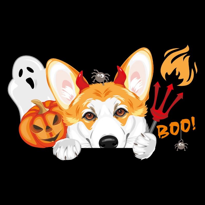 Spannender Corgi-Hund mit Halloween-Accessoires