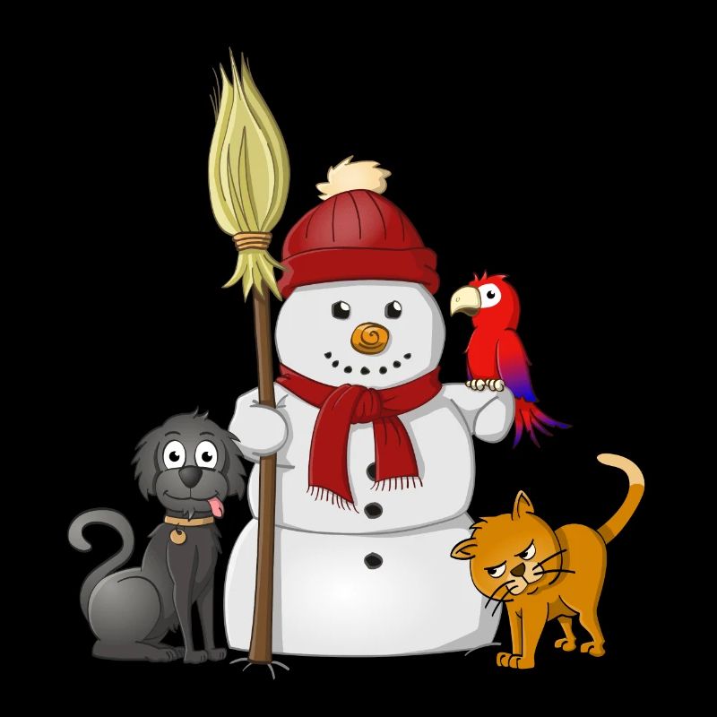 Schneemann mit rotem Schal, Hund, Katze und Papagei