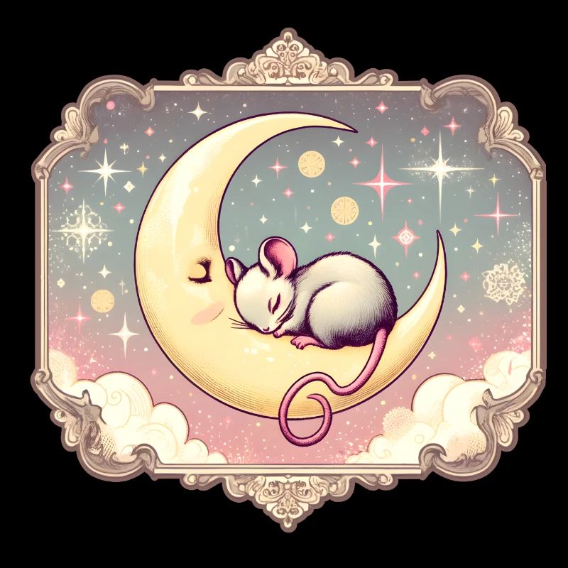 peacefully sleeping mouse, on a crescent moon