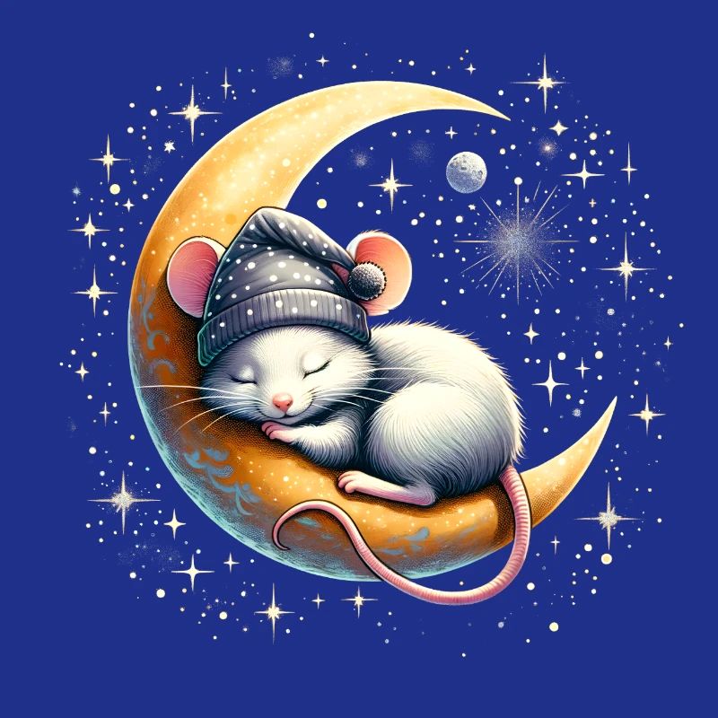 peacefully sleeping mouse, on a crescent moon