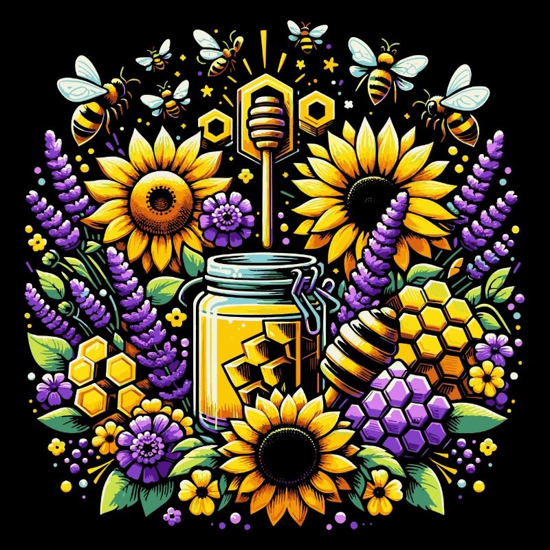 Vibrant, colorful artwork with bees honey