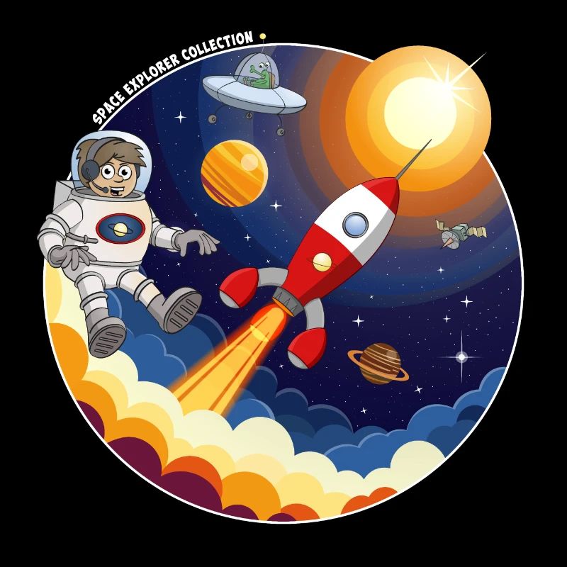 Fusée, astronaute, OVNI et planètes dans l’espace.