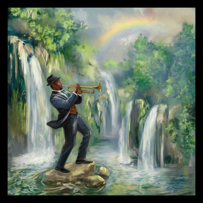 Trompettiste de jazz devant les cascades dans la jungle