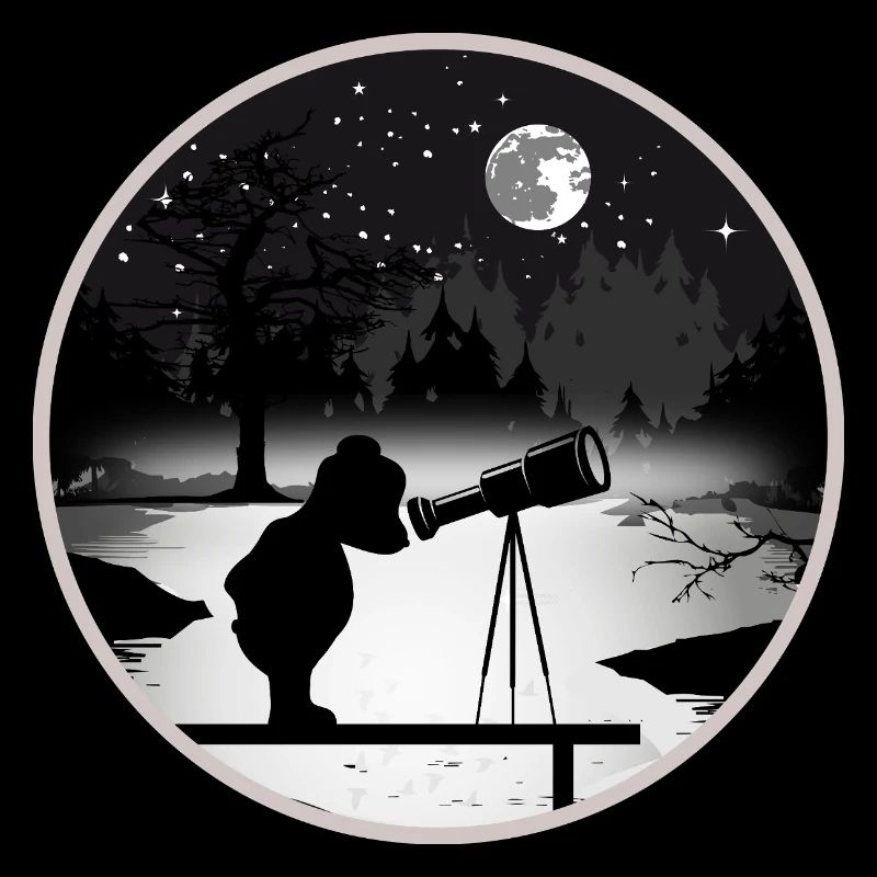 Bär mit Teleskop unter dem Sternenhimmel