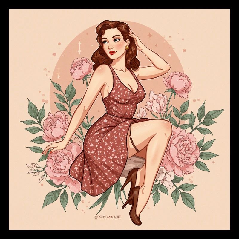 Retro Damen Figur mit Blüten und 50s Stil