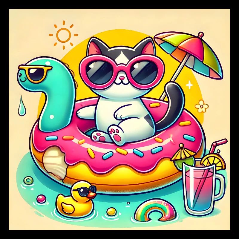 Süße Katze auf bunter Poolboje