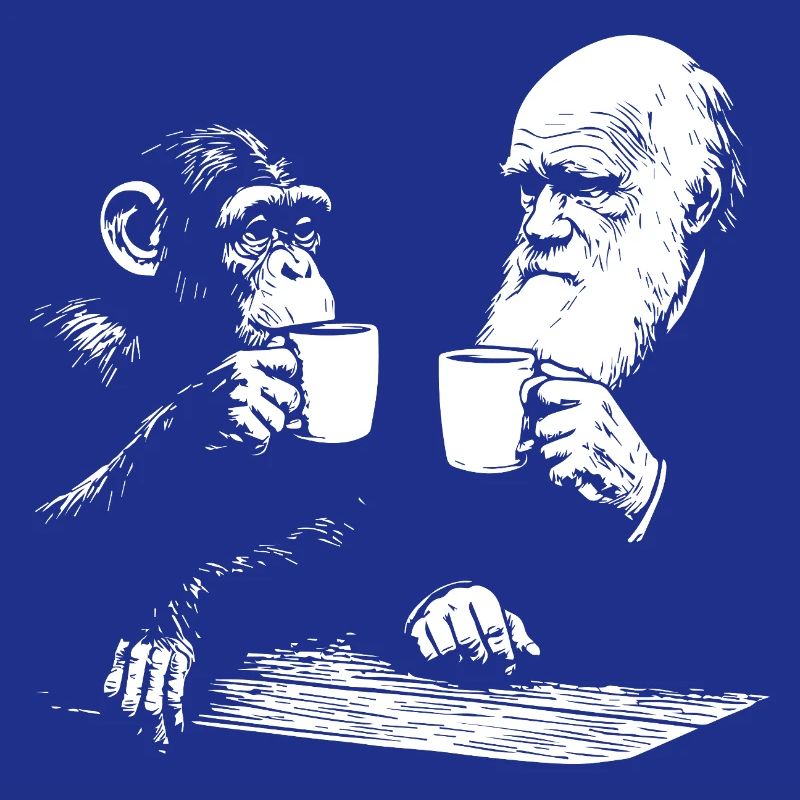 Darwin and monkey drinking Coffee 