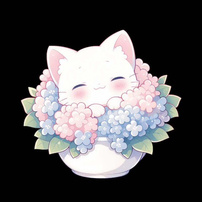 Chat blanc mignon dans les hortensias – Kawaii Design