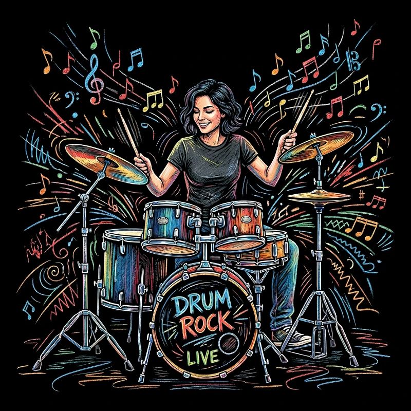 Female Drummer Playing Drum Set Drawing Print