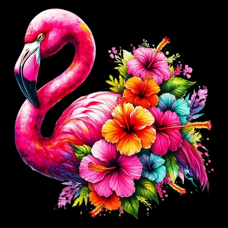 Flamingo decorated with hibiscus flowers