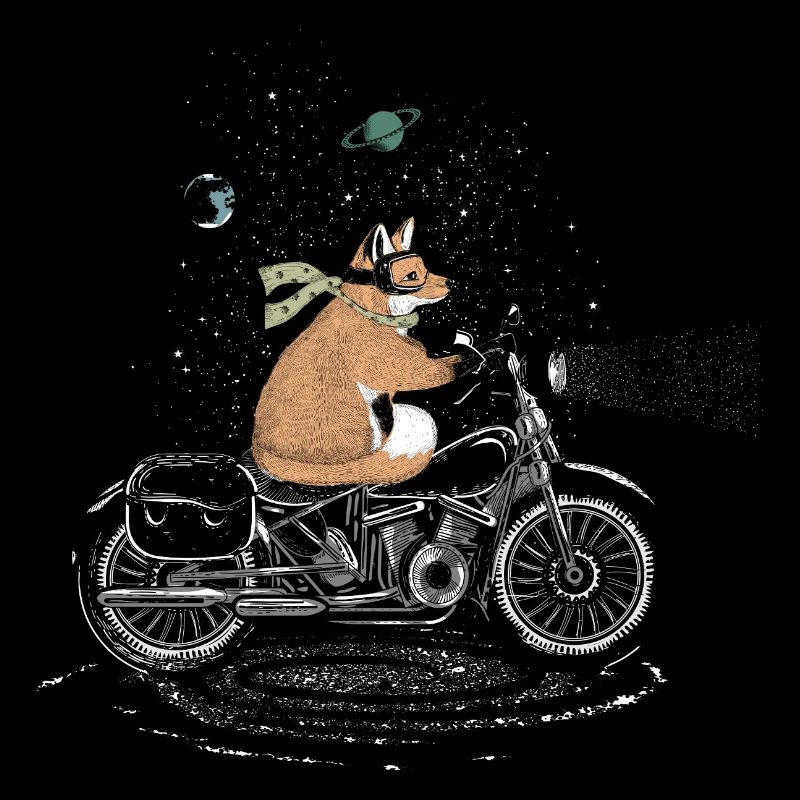 Adventure fox on motorcycle in the starry universe
