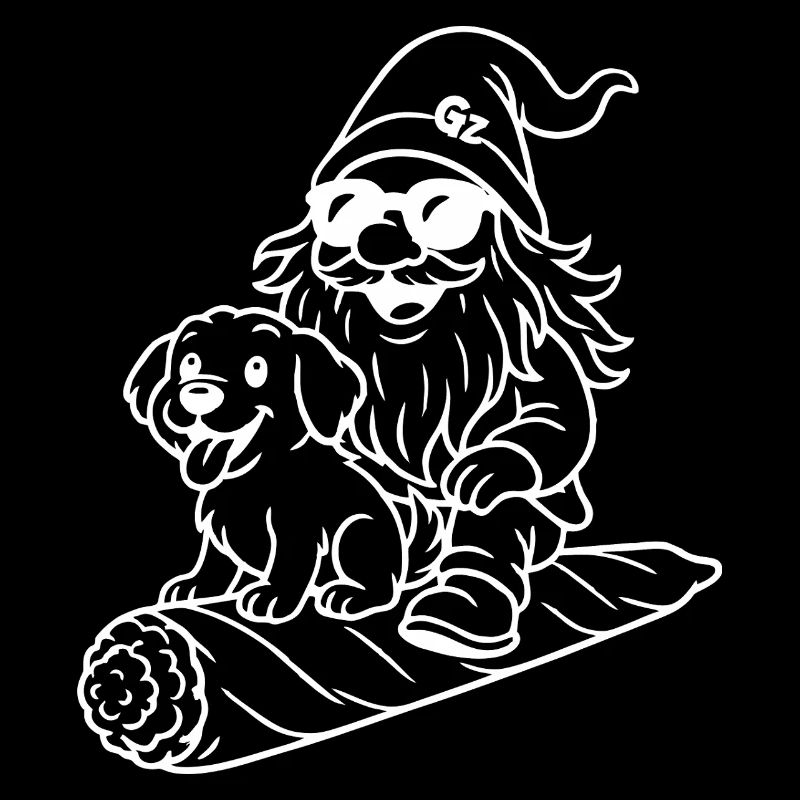 Cooler Zwerg auf fliegendem Joint mit Hund