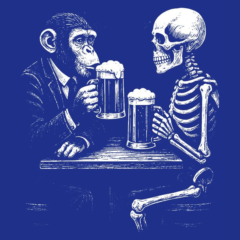 Humorous Skeleton and Monkey Beer Toast