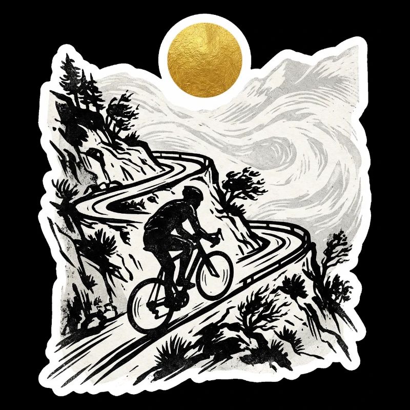 Radfahrer Bergpass Holzschnitt Goldsonne