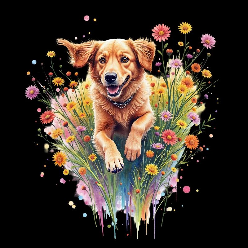 Chien jouant dans les fleurs