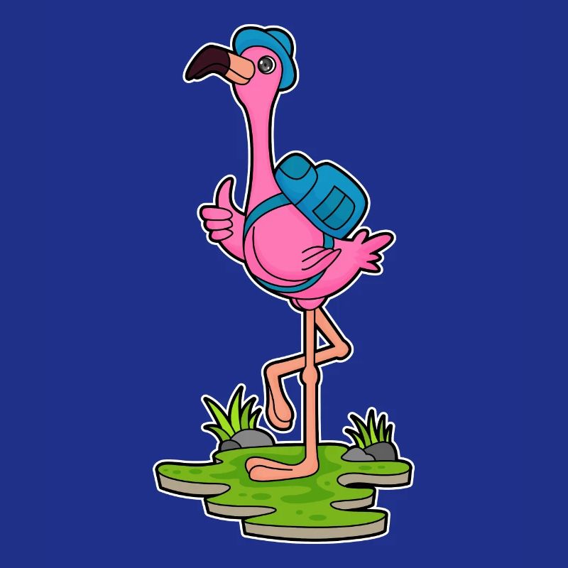Flamingo as a hiker with backpack