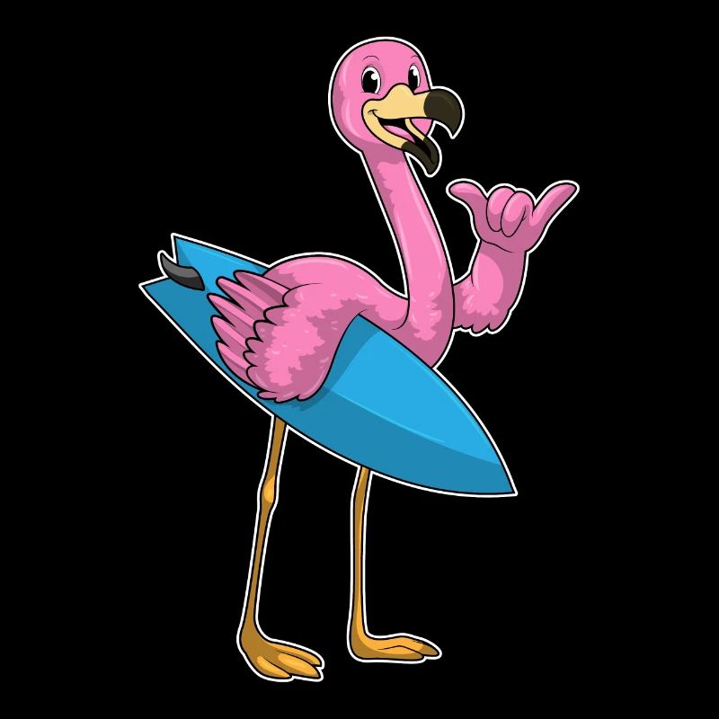 Flamingo en tant que surfeur avec planche de surf