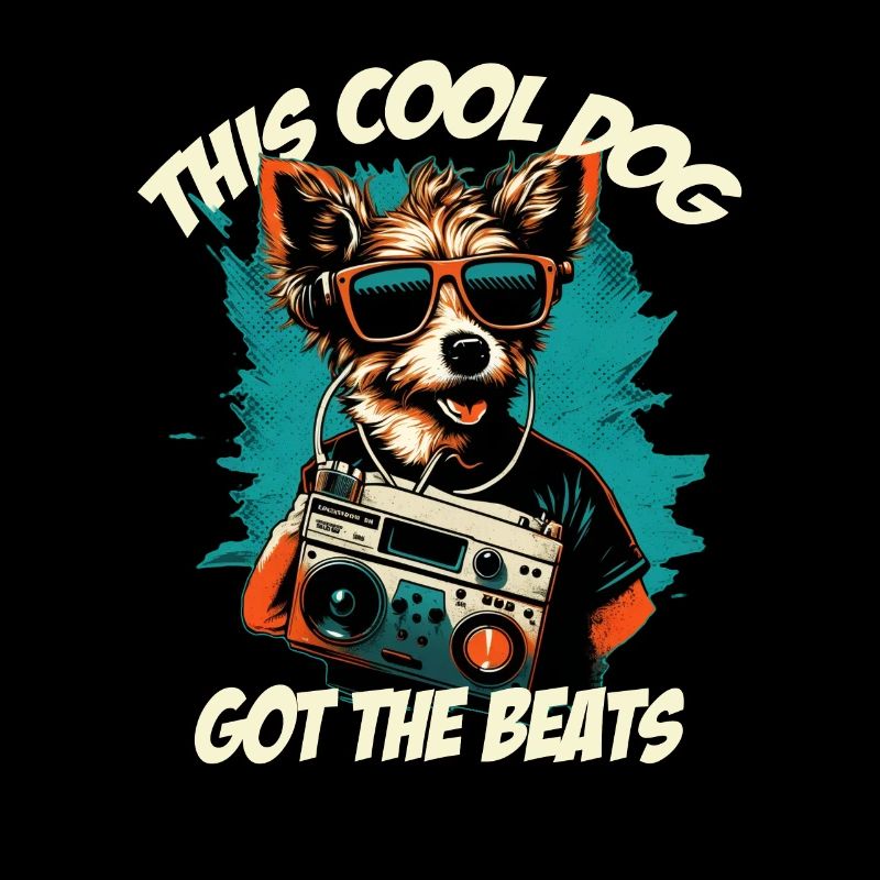 Chien avec boombox et lettrage