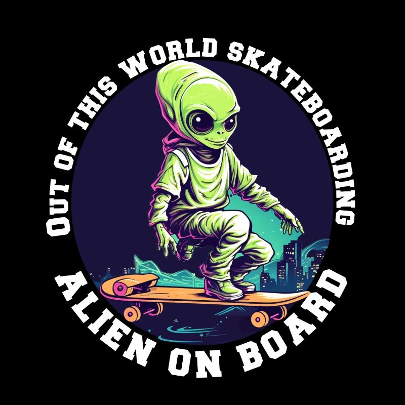 Alien sur skateboard avec lettrage