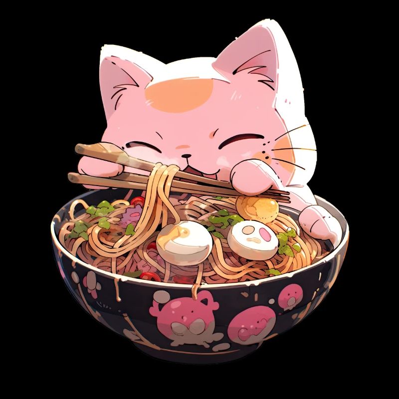 Anime Manga Kawaii Cat Eats Ramen Noodles