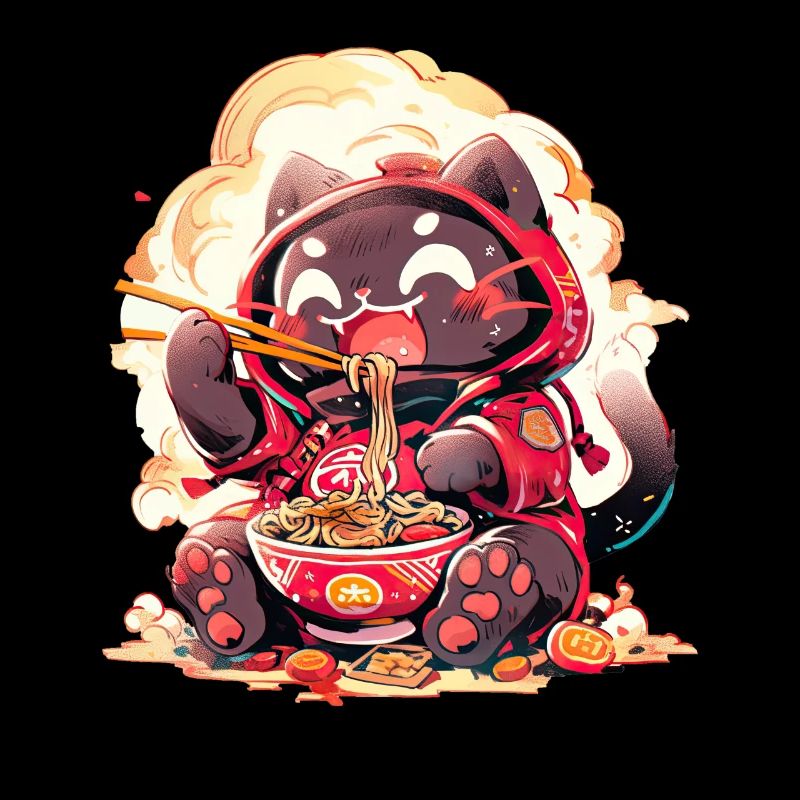 Anime Manga Kawaii Cat Eats Ramen Noodles