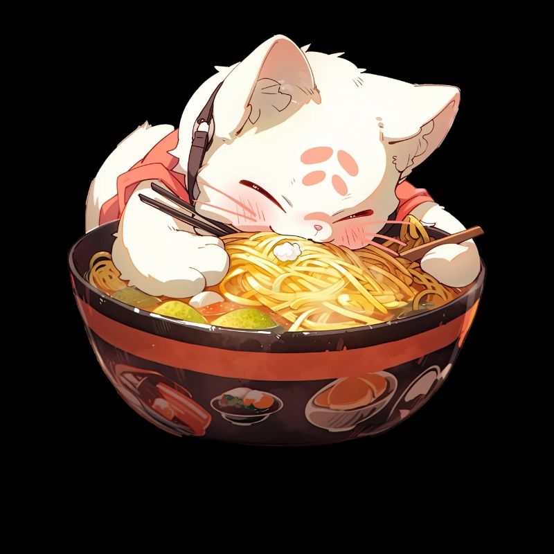 Anime Manga Kawaii Cat Eats Ramen Noodles