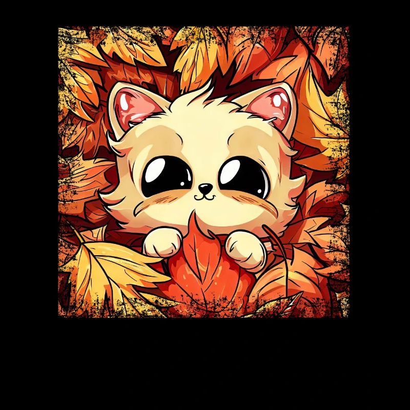 Cat in autumn: grunge frame with foliage