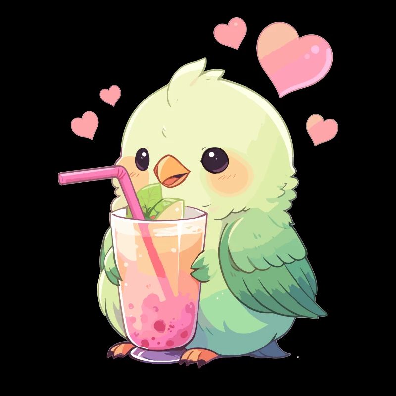 Kawaii Lovebird Drinks Boba Bubble Tea Chibi