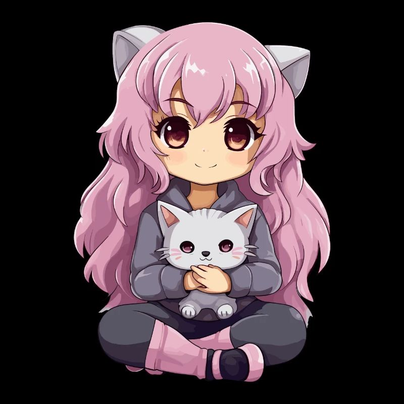 Kawaii Mädchen Anime Manga Mädchen und Katze