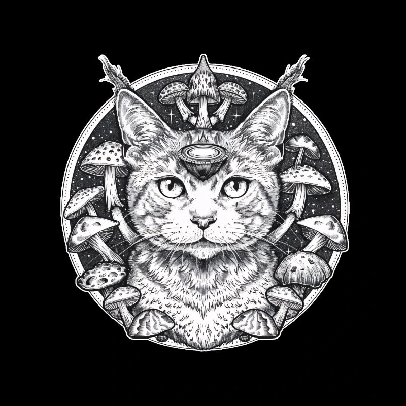 Des chats mystiques dans un monde parallèle avec des champignons
