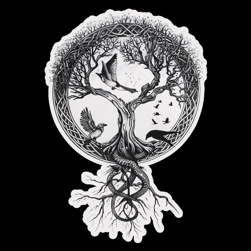 Arbre de vie avec oiseaux, corbeaux et racines