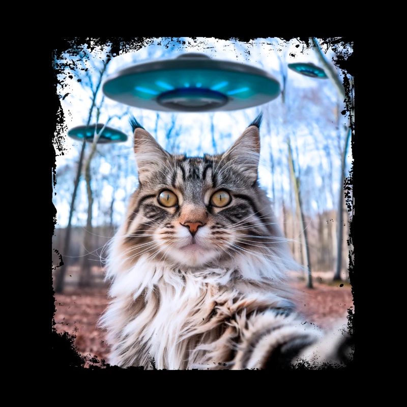 Weird Funny Main Coon Cat Selfie with Alien UFOs.