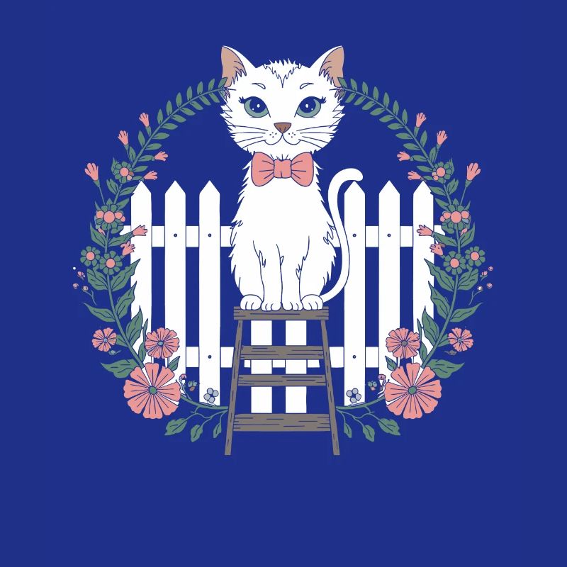 Chat cottagecore avec fleurs et clôture