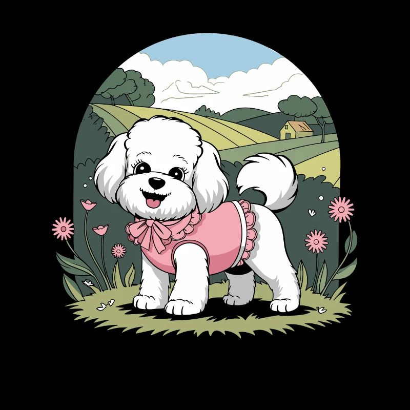 Chien cottagecore dans le jardin fleuri